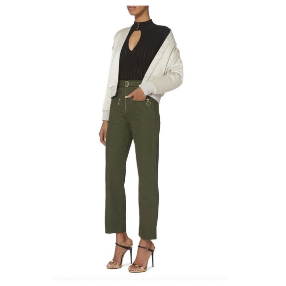 SELF-PORTRAIT Zip Front Straight Leg Trousers in Olive
